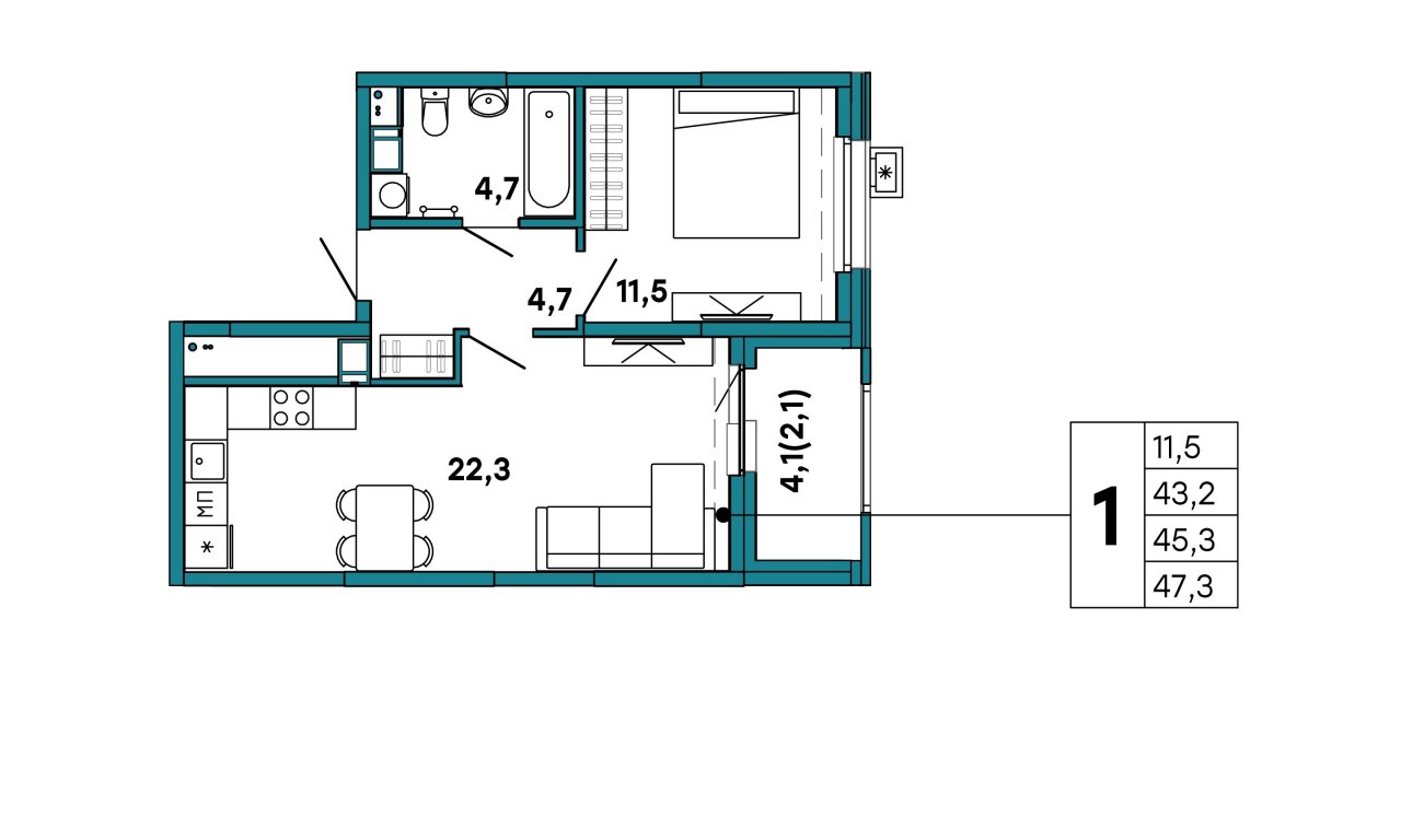 5 этаж 1-комнатн. 45.3 кв.м.
