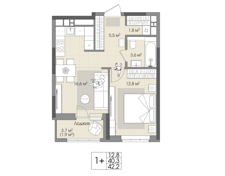 12 этаж 1-комнатн. 42.2 кв.м.